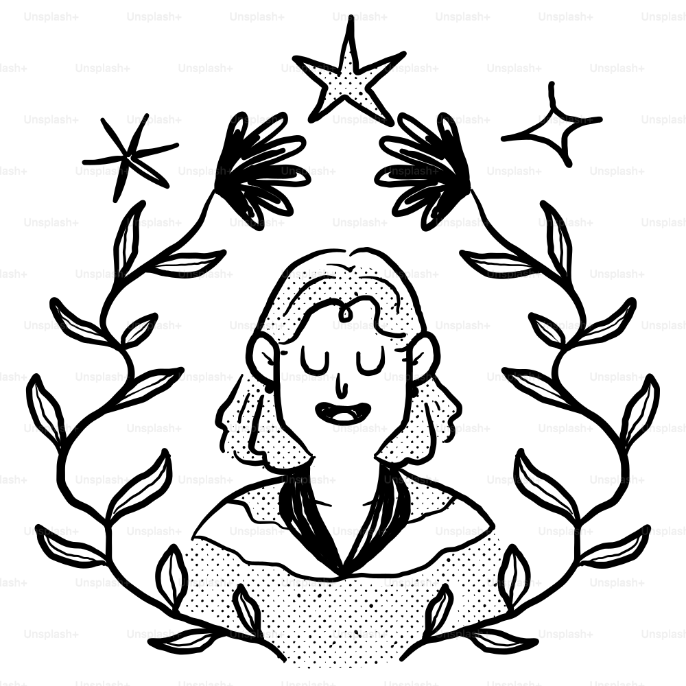 A black and white drawing of a woman surrounded by stars