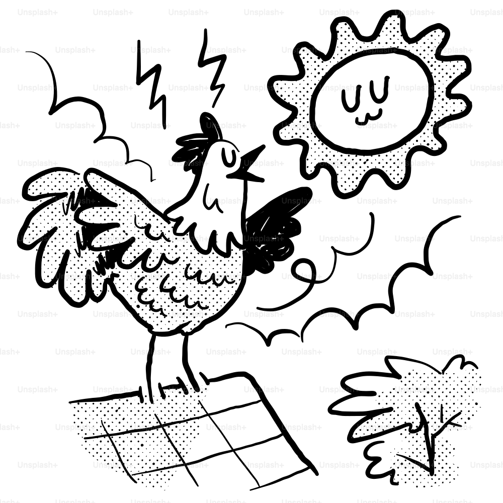 A black and white drawing of a rooster