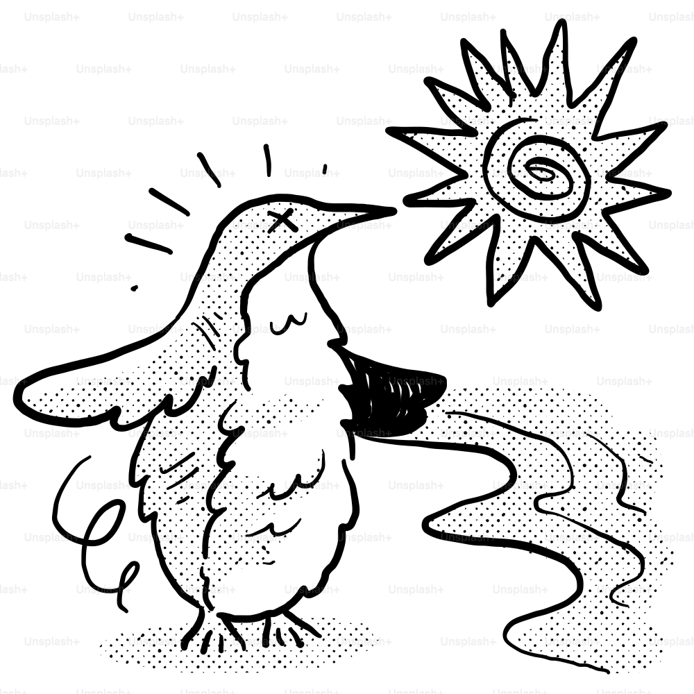 A drawing of a bird with a sun in the background