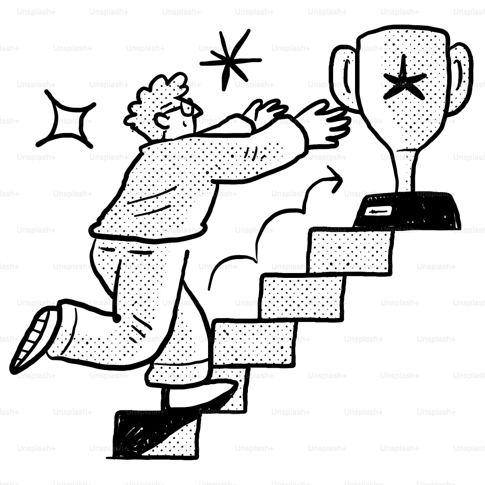 A drawing of a man climbing up a stair