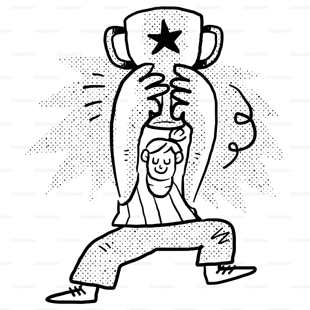 A drawing of a man holding a trophy above his head