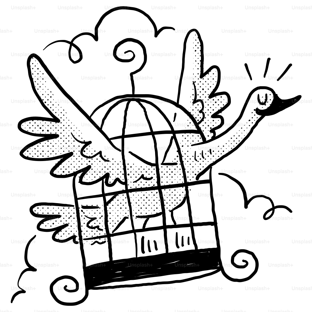 Un disegno in bianco e nero di un uccello in gabbia