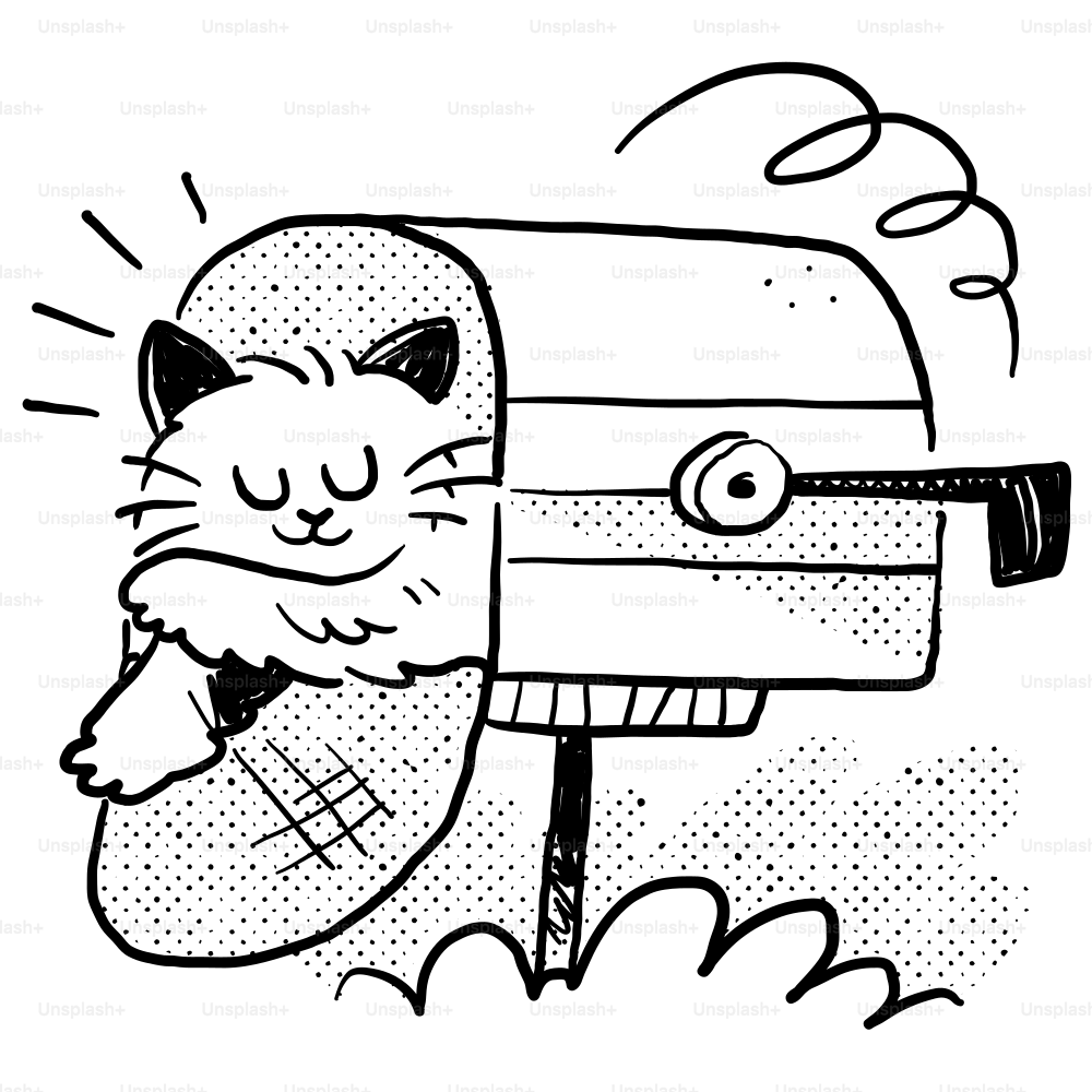 A black and white drawing of a cat sticking its head out of a mailbox