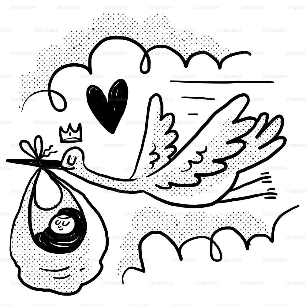 A black and white drawing of a stork delivering a baby