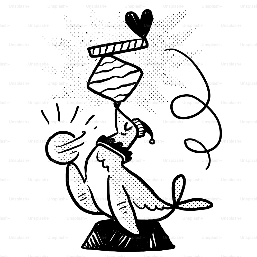 A drawing of a bird with a heart on it's head