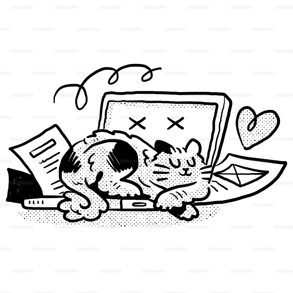 A black and white drawing of a cat and a laptop