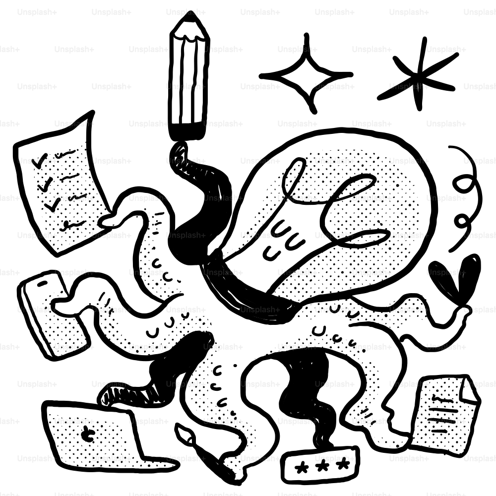 A black and white drawing of a light bulb