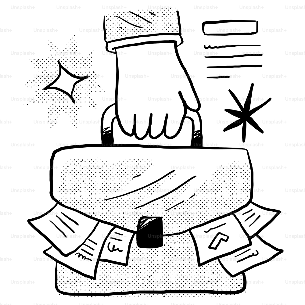 A drawing of a person holding a suitcase