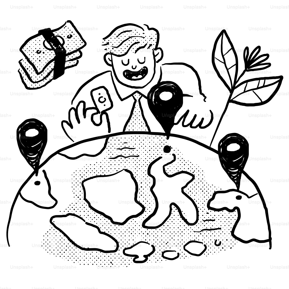 Eine Schwarz-Weiß-Zeichnung eines Mannes, der auf einem Globus sitzt