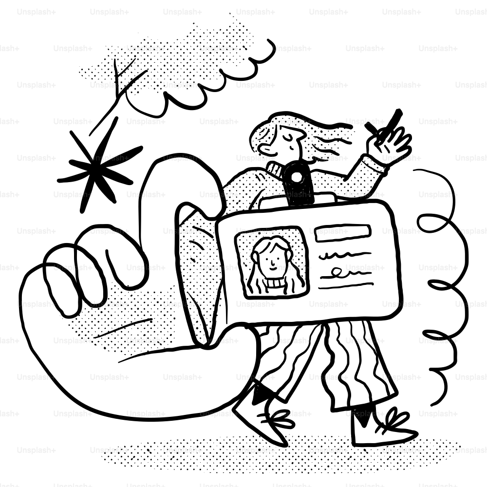 A drawing of a person holding a card