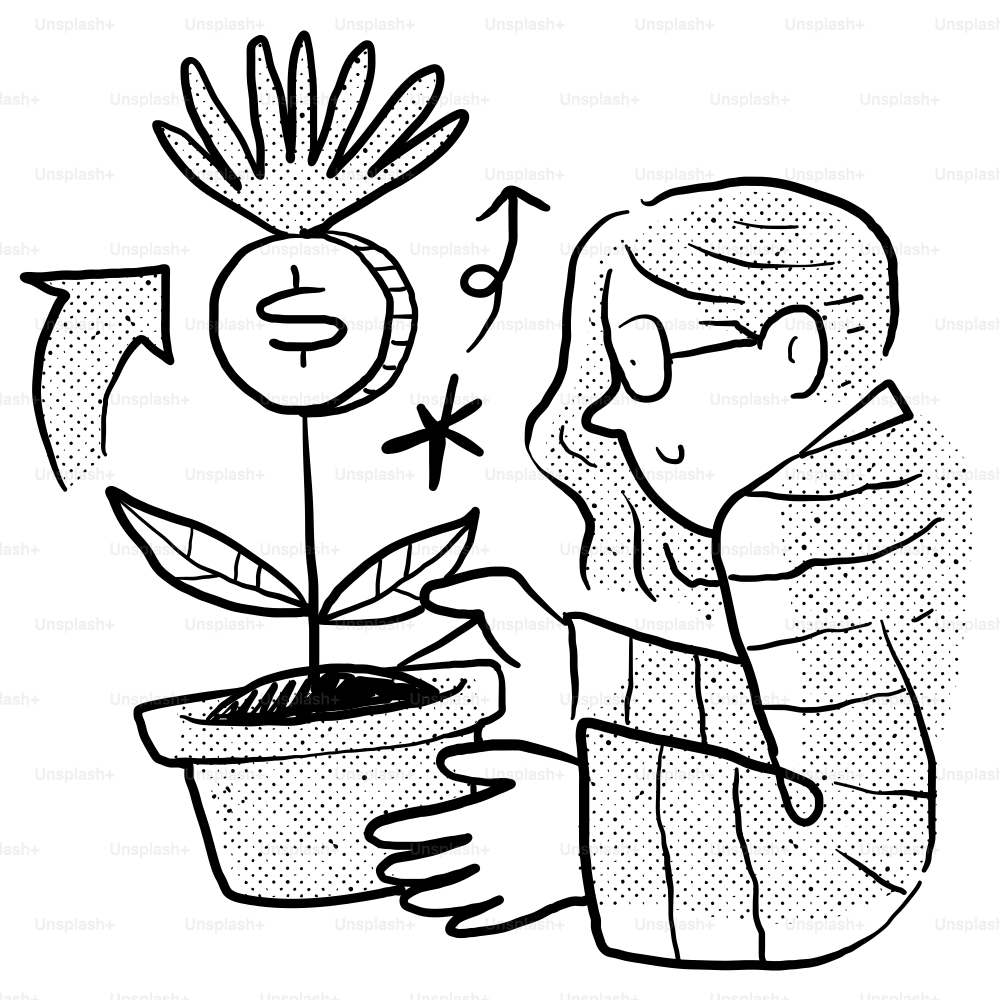 A drawing of a person holding a potted plant