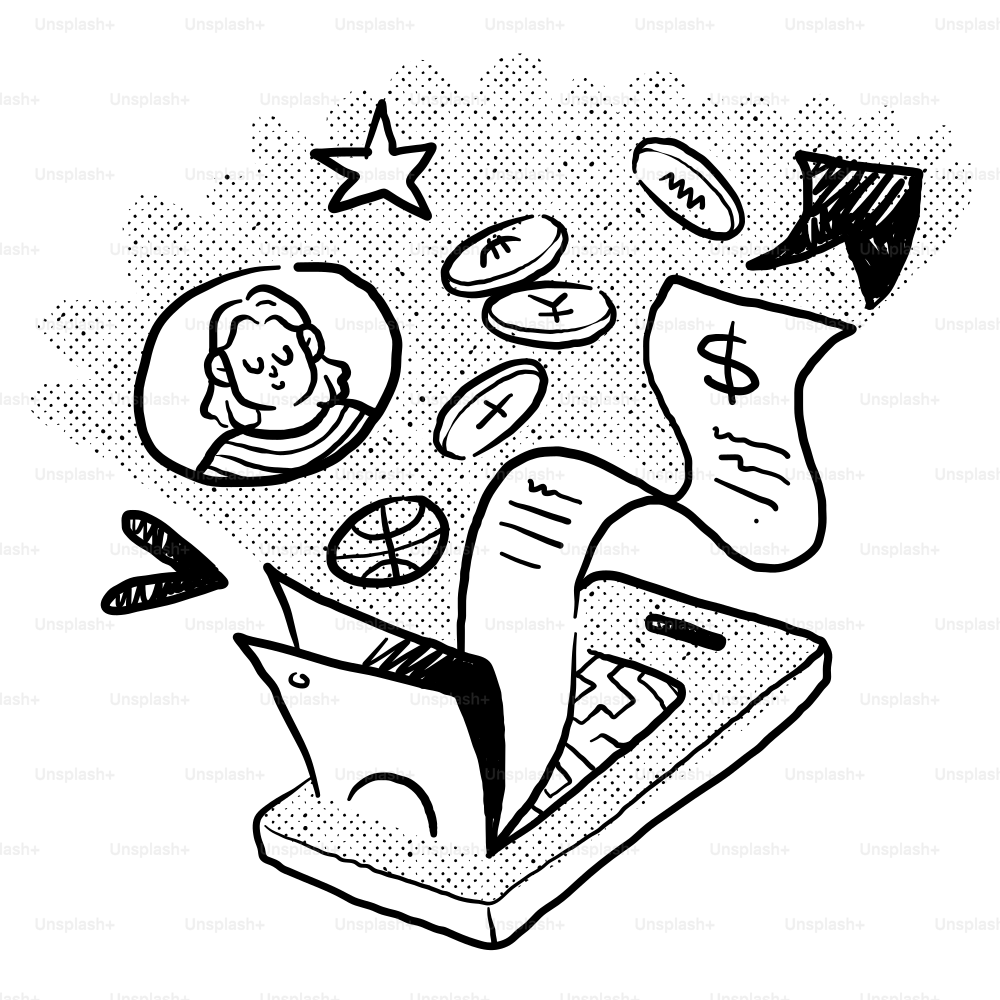 A drawing of a phone with money coming out of it