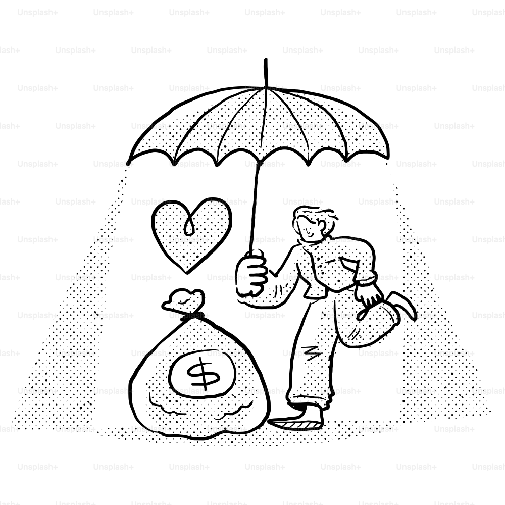 A drawing of a man holding an umbrella over a bag of money