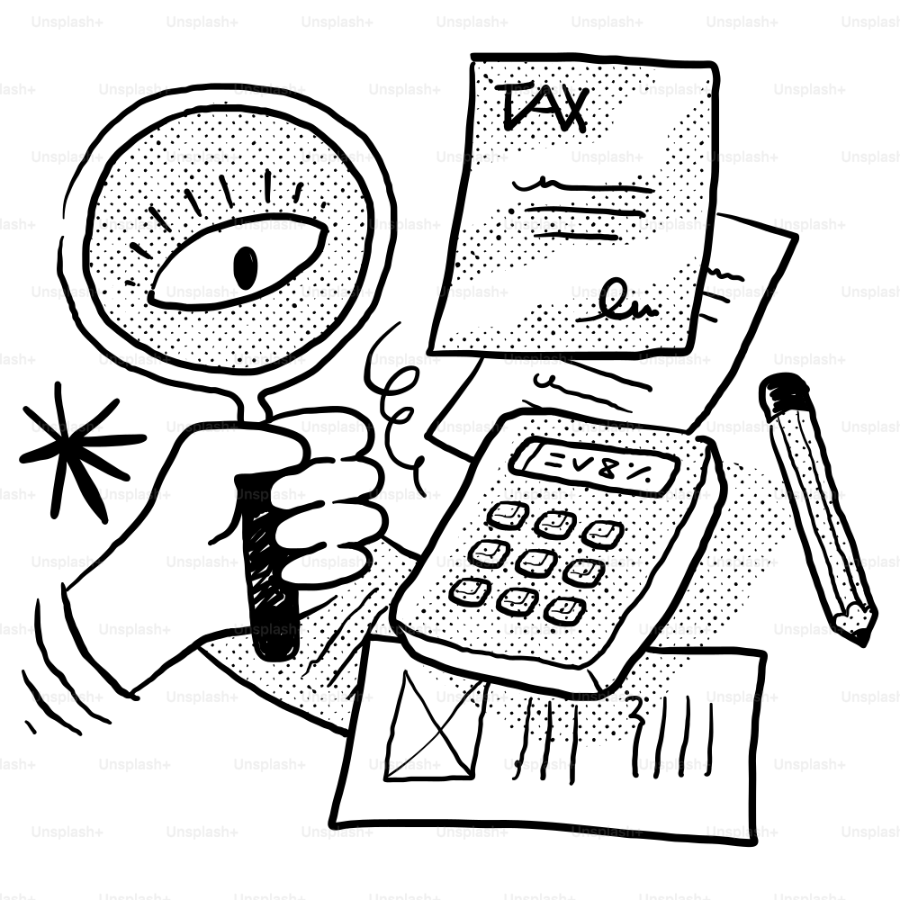 A hand holding a magnifying glass over a calculator