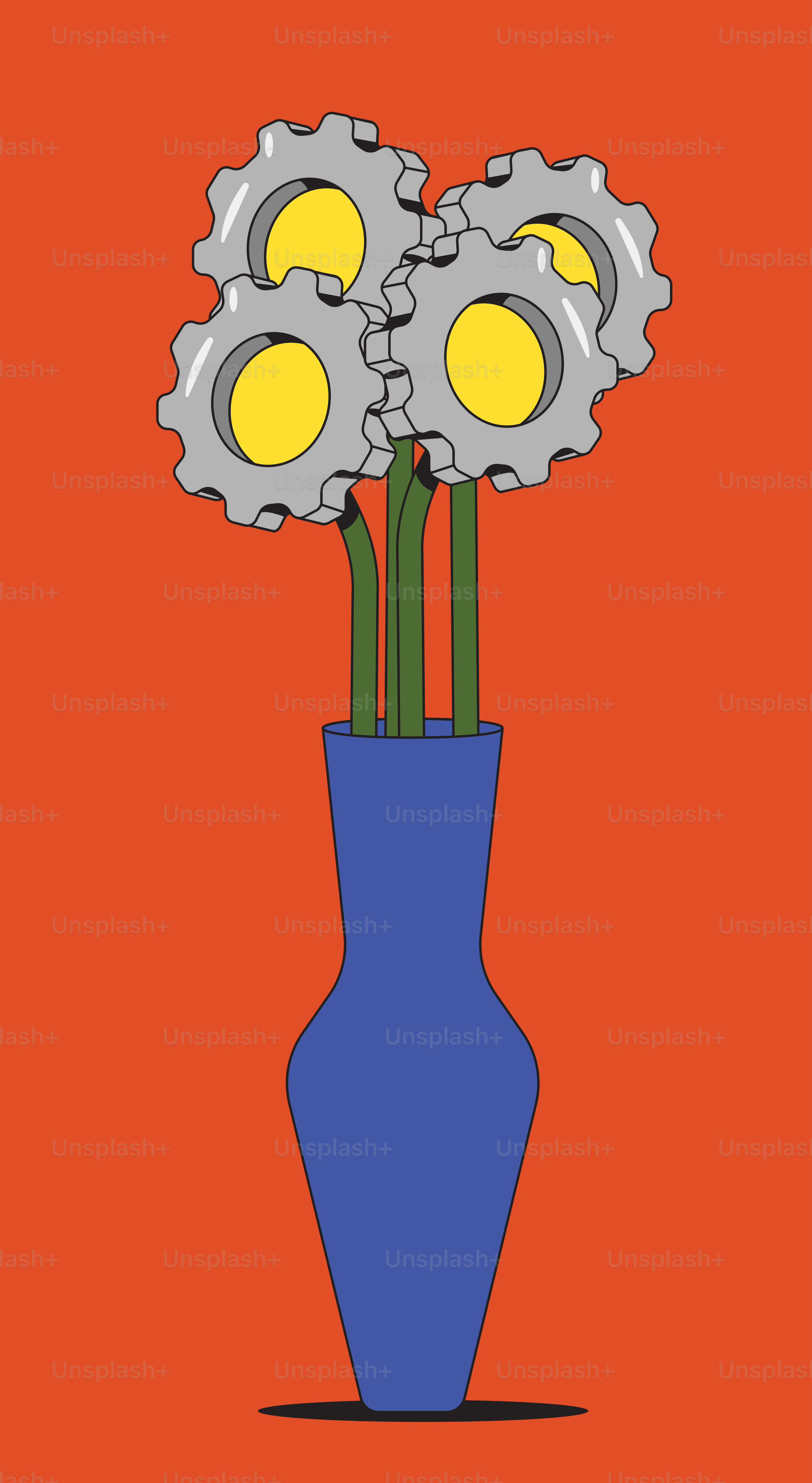 Um vaso azul cheio de flores sobre um fundo vermelho