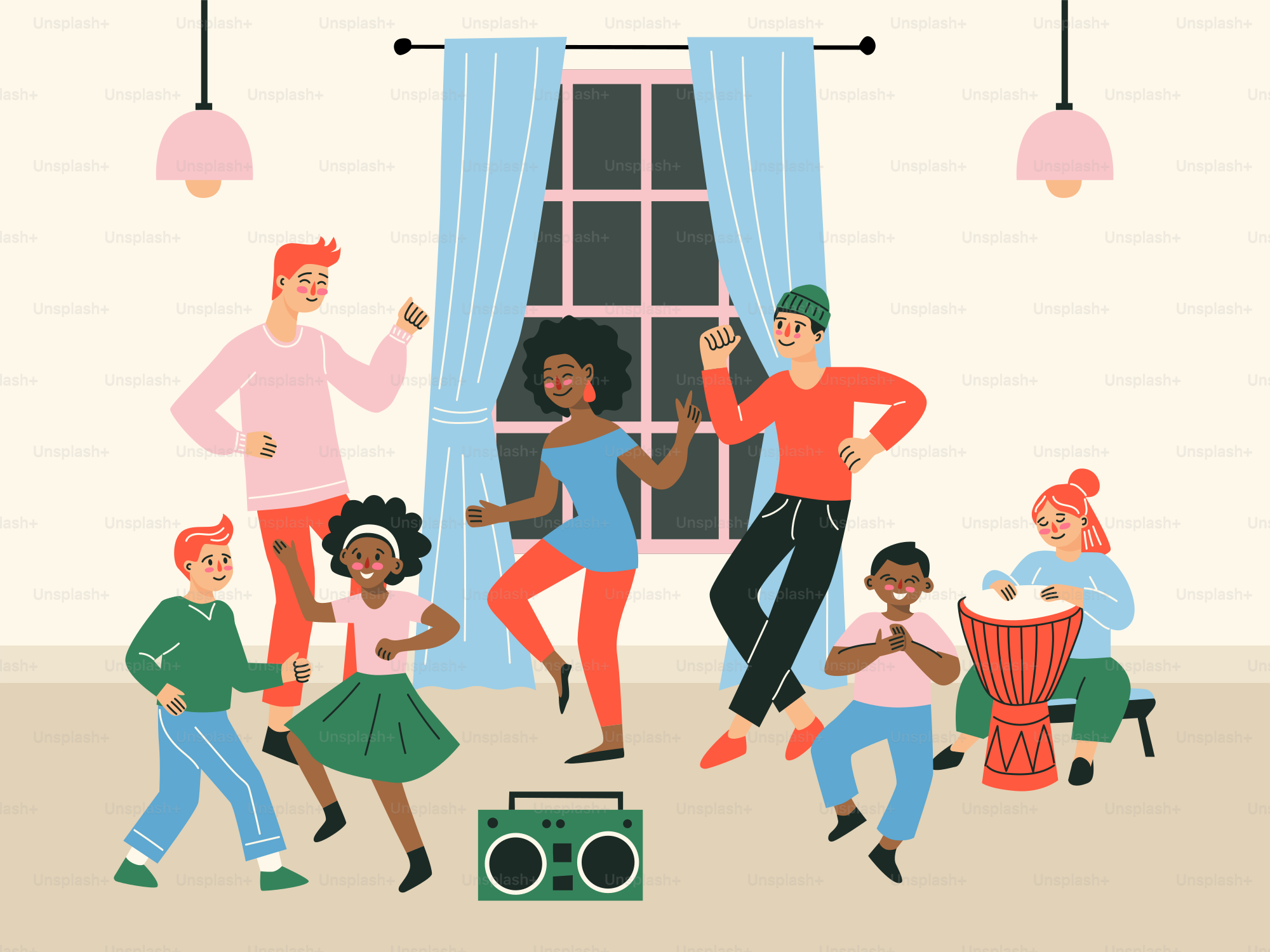 A group of people dancing around a living room