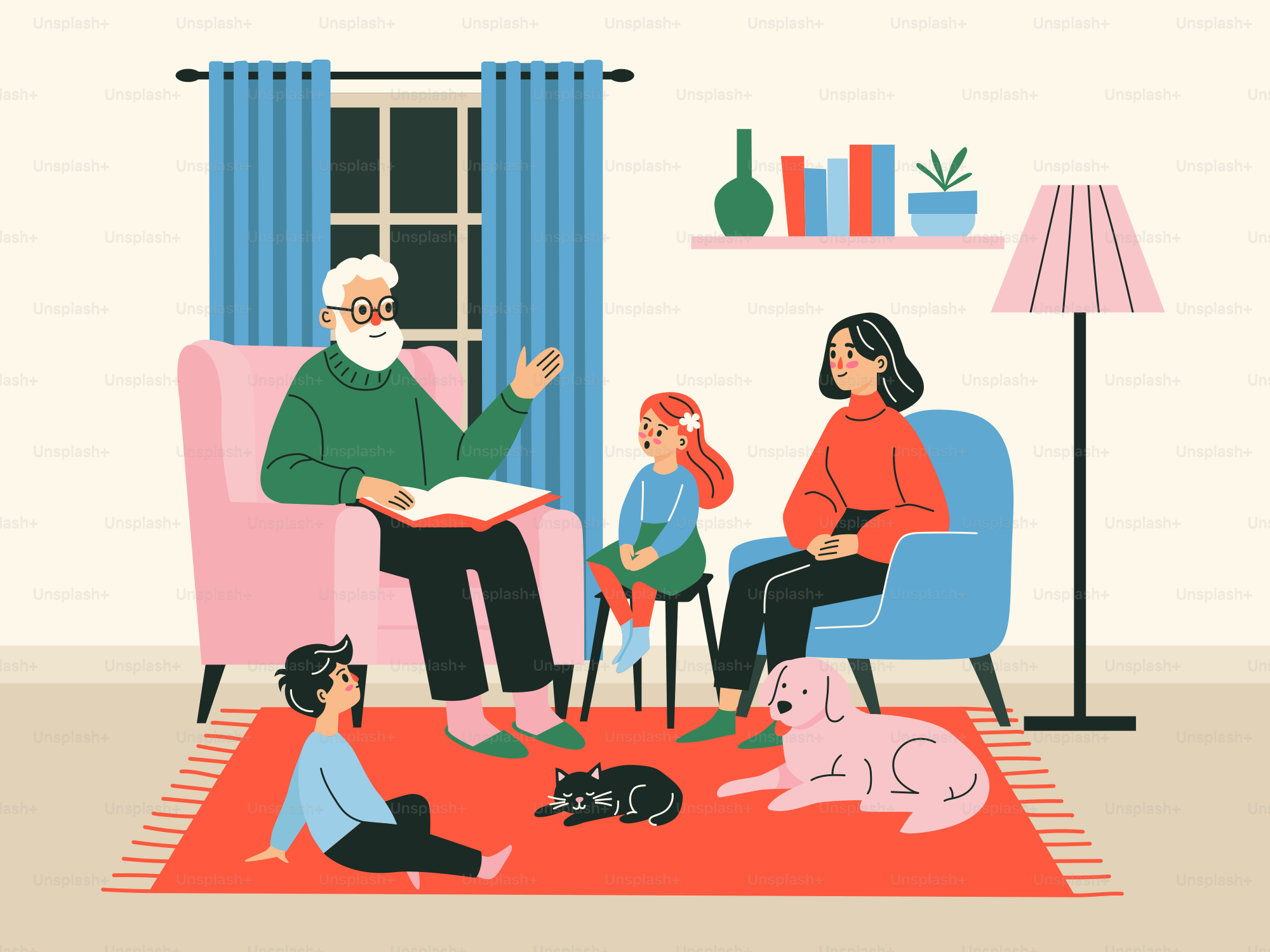 Eine Familie, die auf einem Teppich im Wohnzimmer sitzt