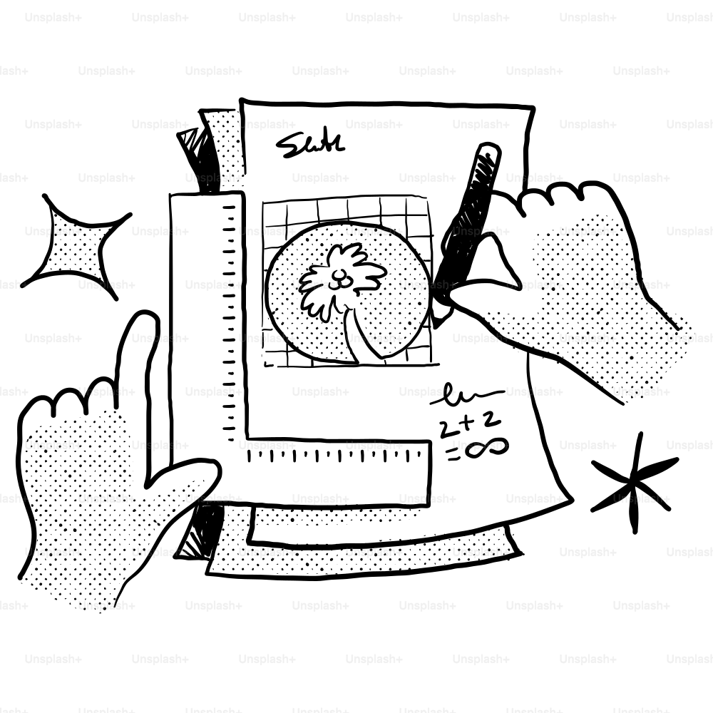 A drawing of a person writing on a piece of paper