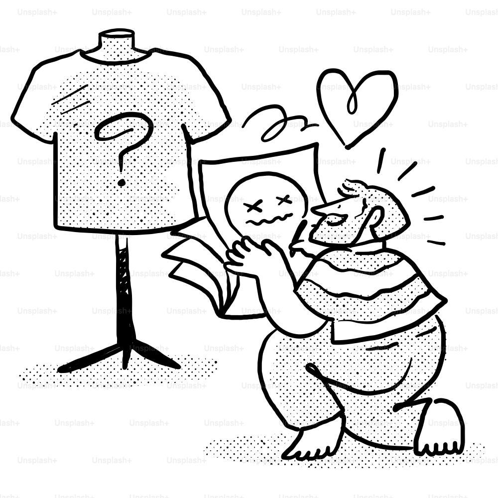 A cartoon drawing of a man looking at a t - shirt