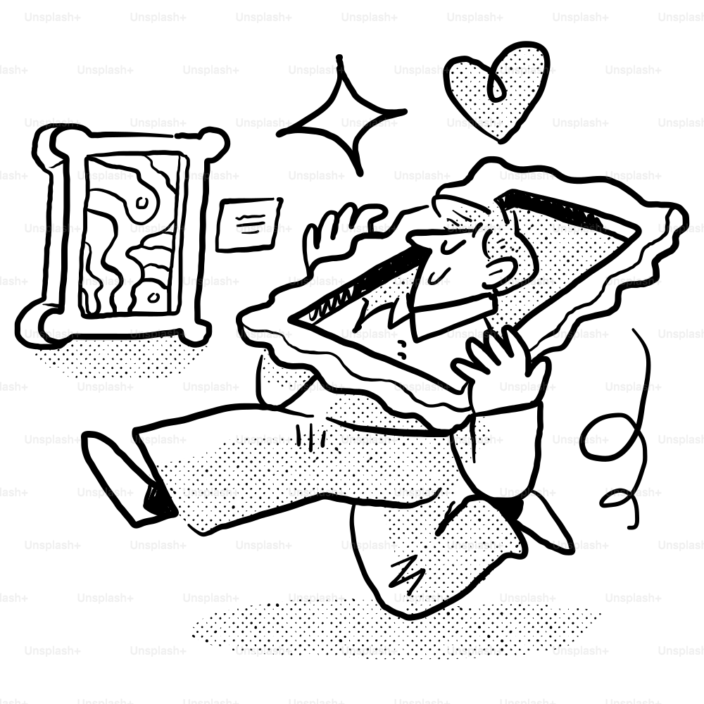 A drawing of a man running in front of a TV