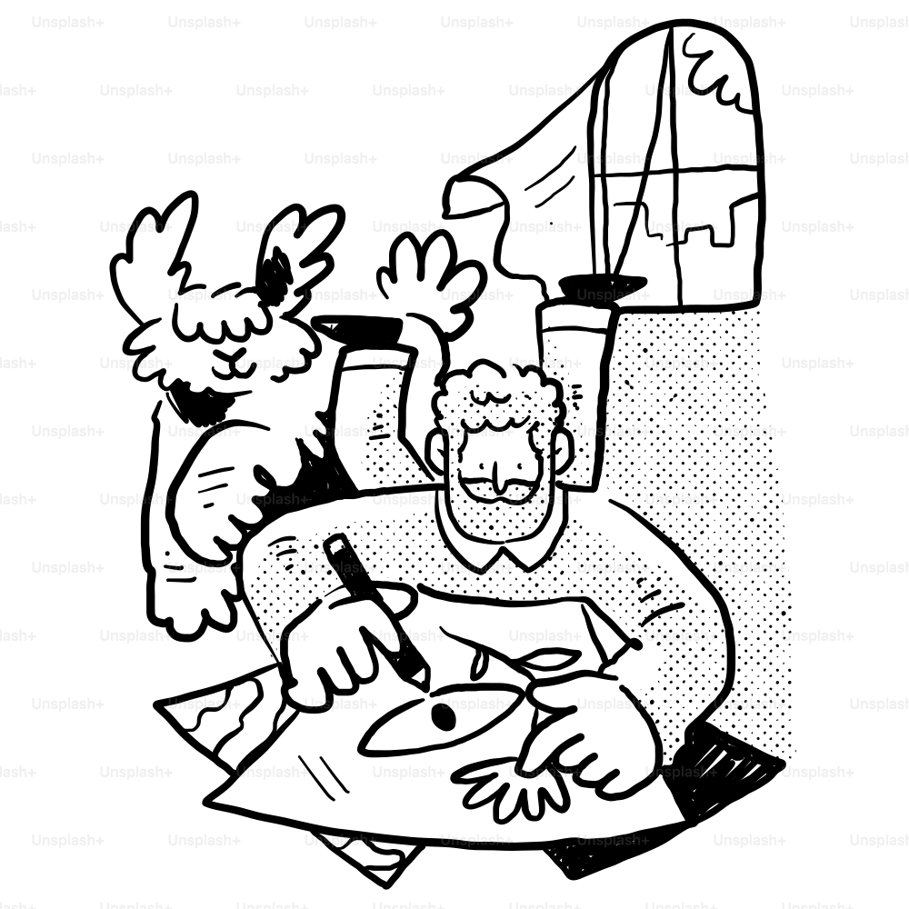 A drawing of a man sitting on a couch with a dog