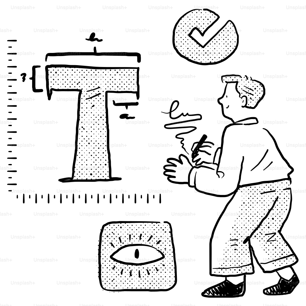 Eine Zeichnung eines Mannes, der neben einem riesigen Buchstaben t steht