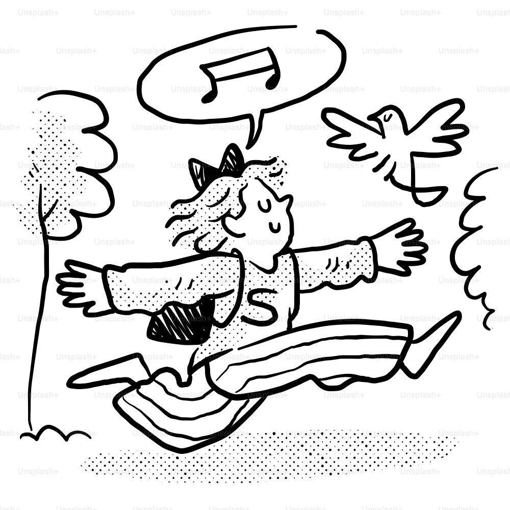 A black and white drawing of a person flying through the air