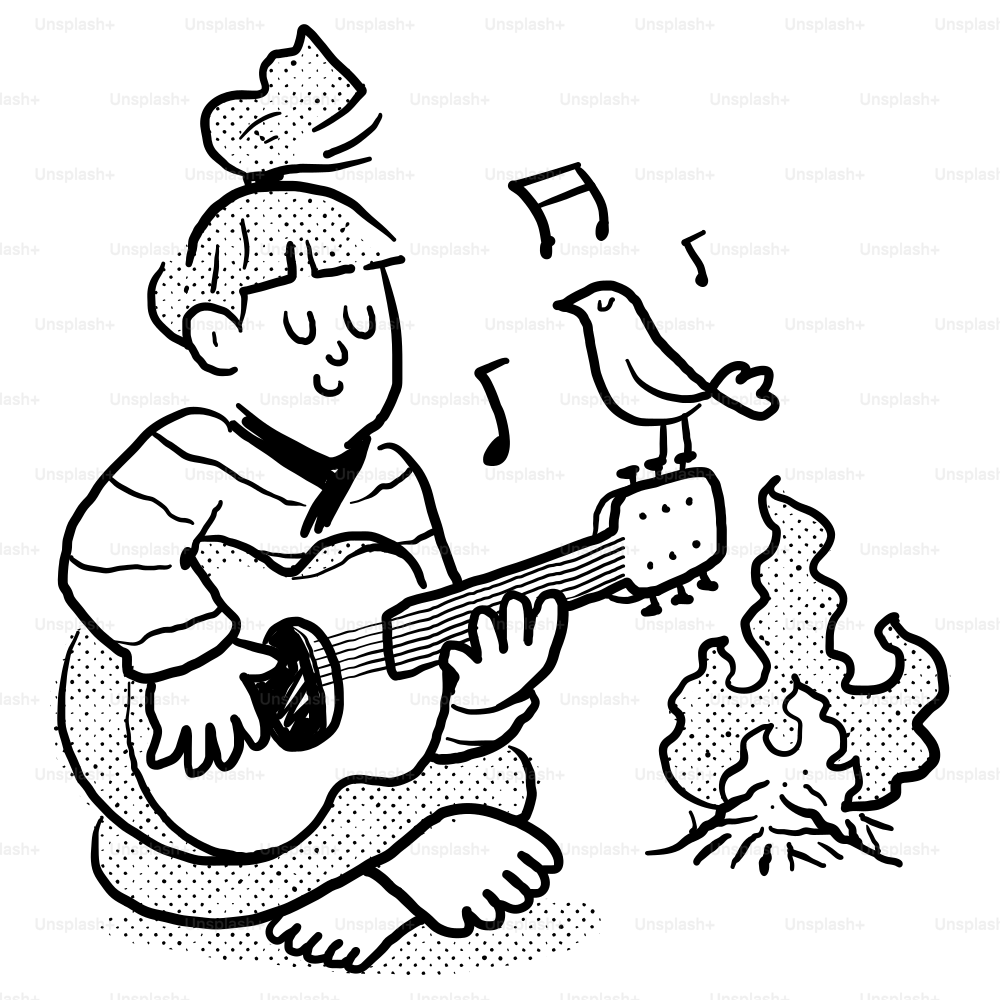 Eine schwarz-weiße Zeichnung eines Jungen, der Gitarre spielt