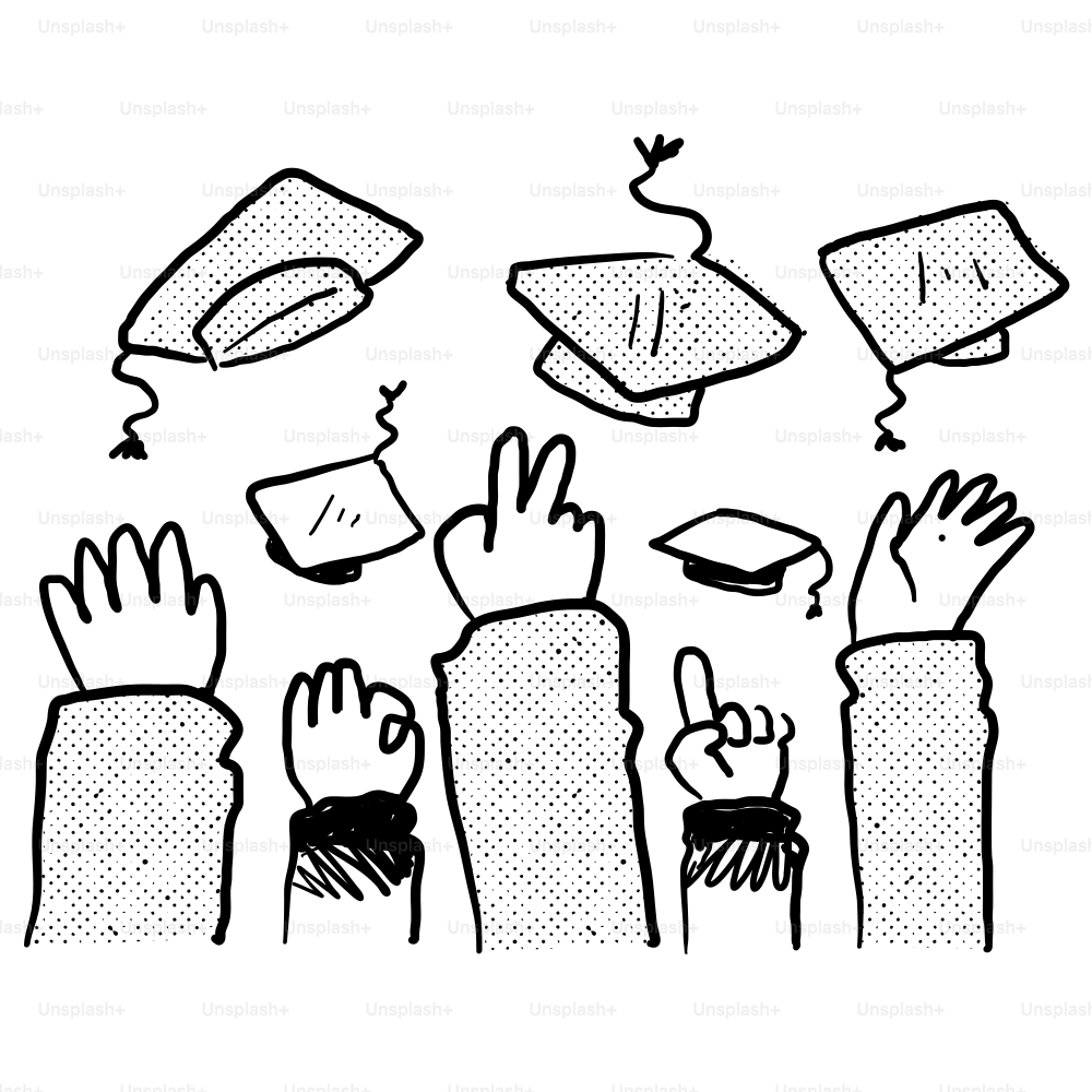Um desenho de um grupo de pessoas levantando as mãos