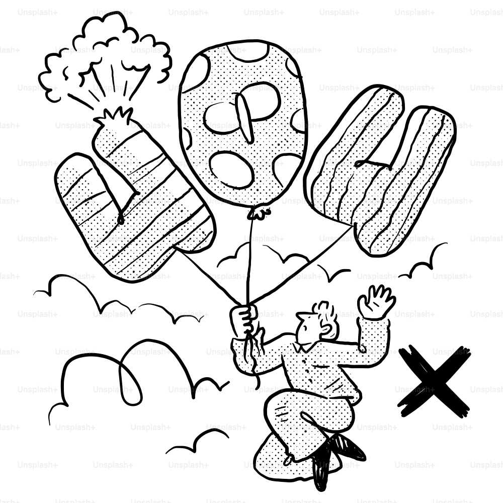 Un disegno di una persona che tiene in mano un mazzo di palloncini