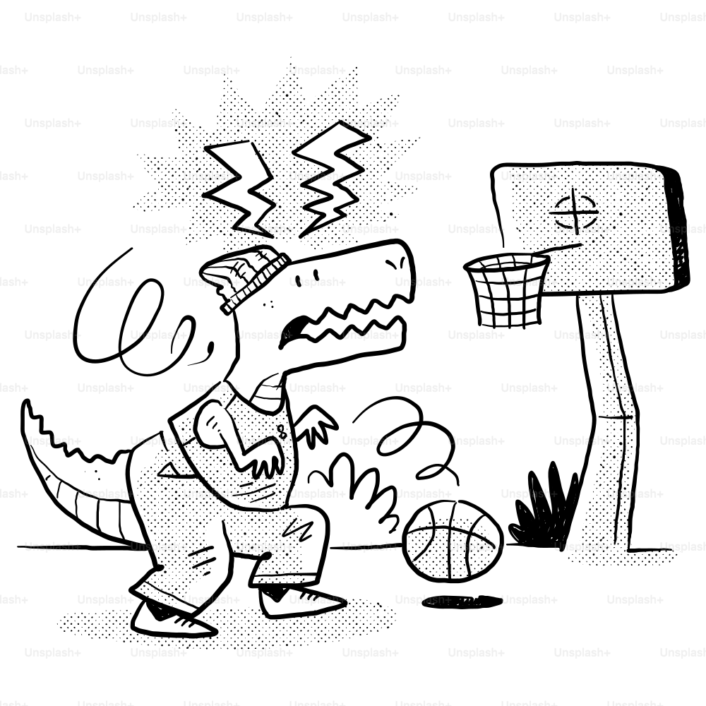 A black and white drawing of a dinosaur playing basketball