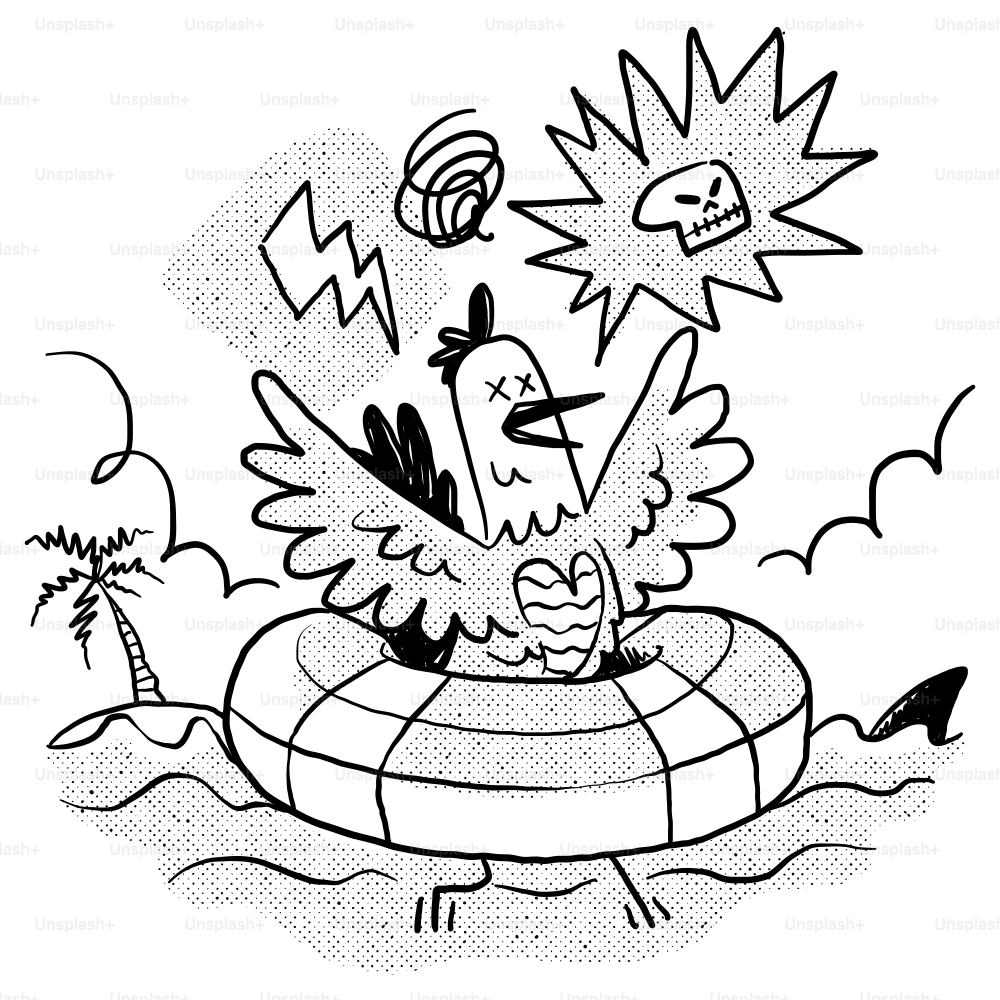 A drawing of a bird on an inflatable raft