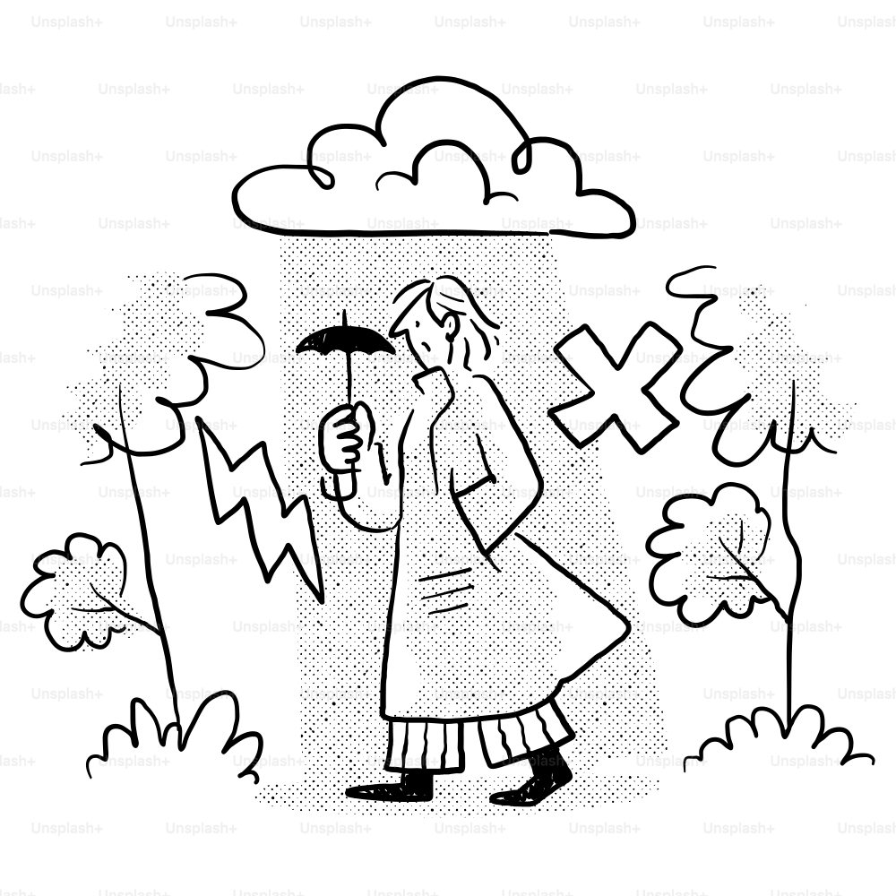 A drawing of a woman holding an umbrella