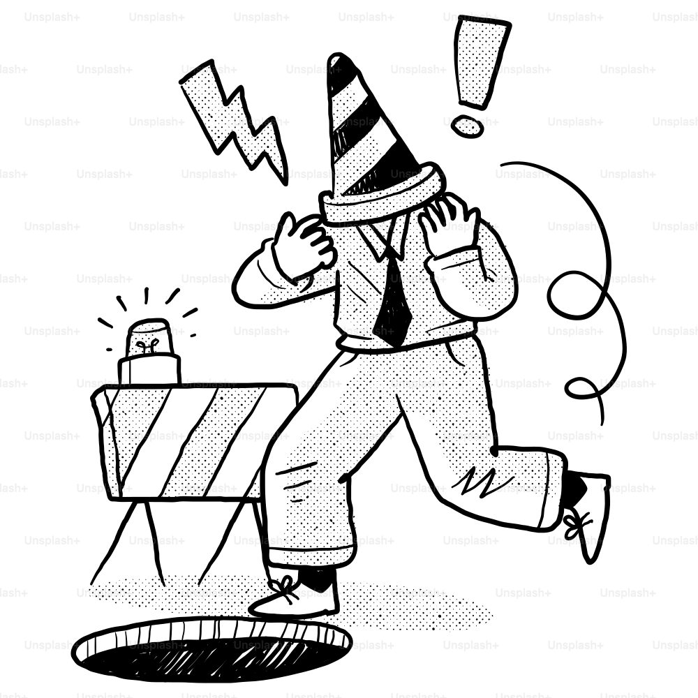 A black and white drawing of a man in a party hat