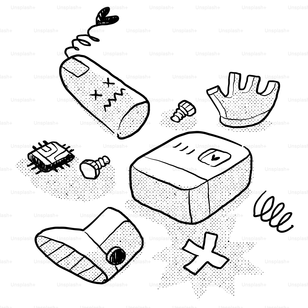 Eine Schwarz-Weiß-Zeichnung verschiedener Gegenstände Vektor – Bild zum  Thema Technologie auf Unsplash, image size:3000x3000