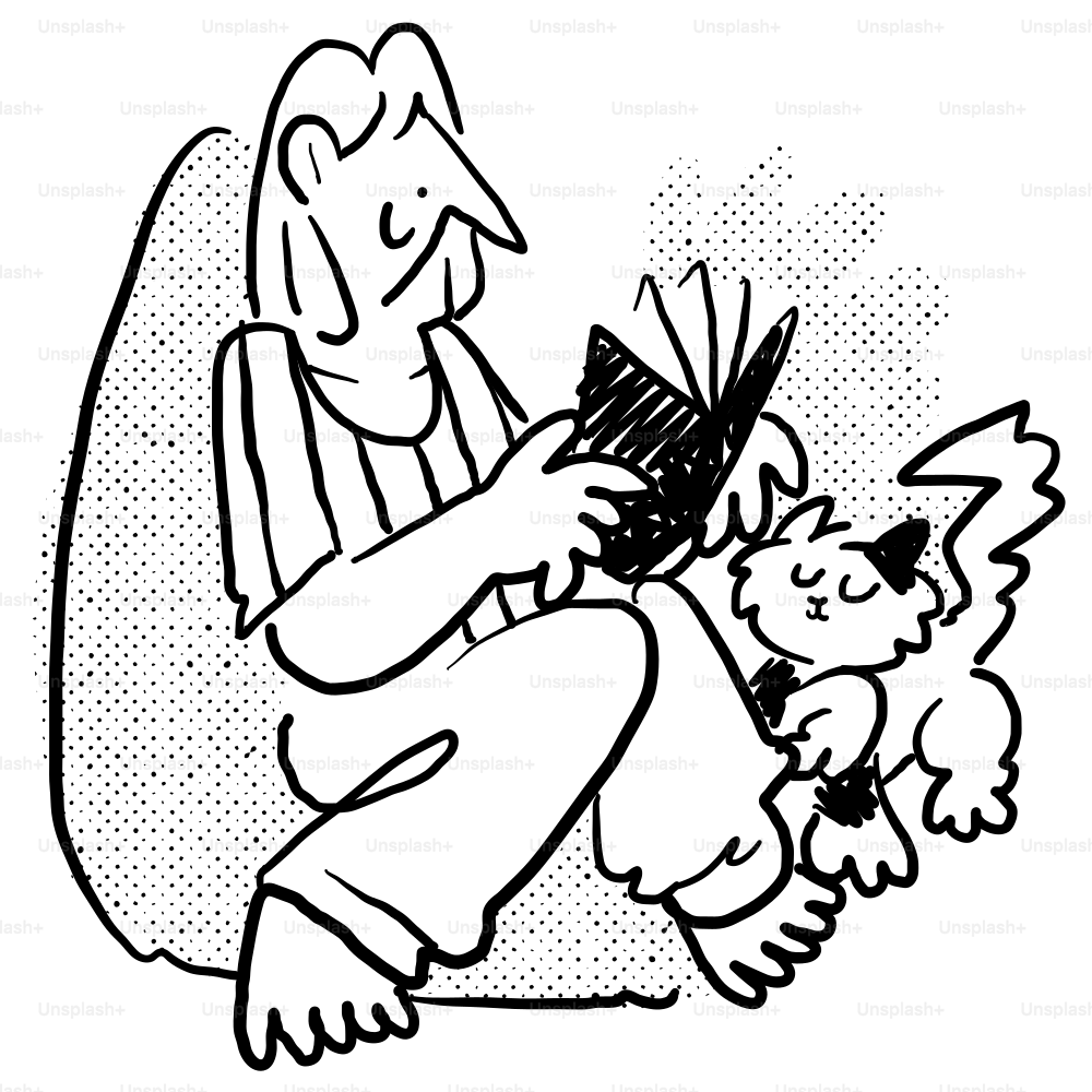 Un dibujo de una mujer leyendo un libro