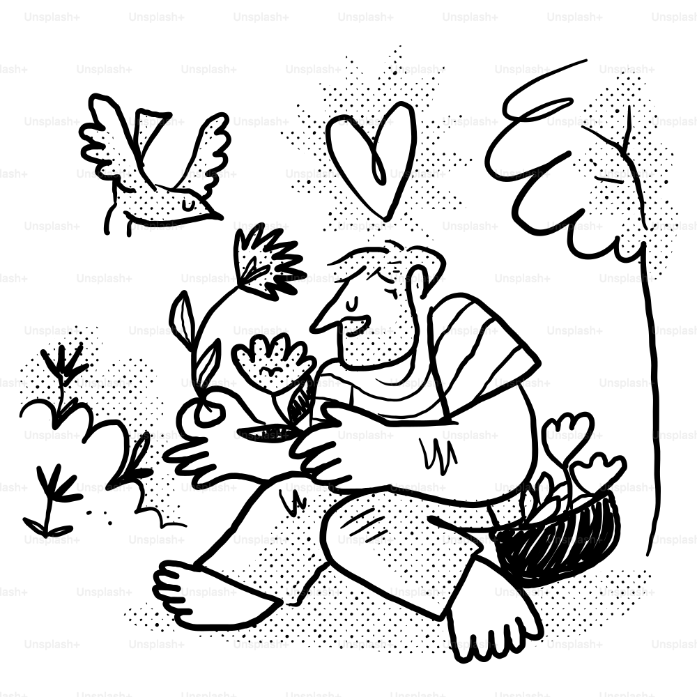 Un dibujo en blanco y negro de un hombre sosteniendo una flor