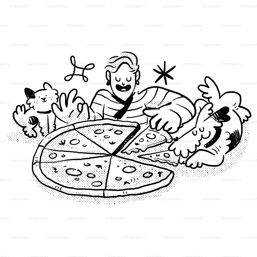 A black and white drawing of a man cutting a pizza