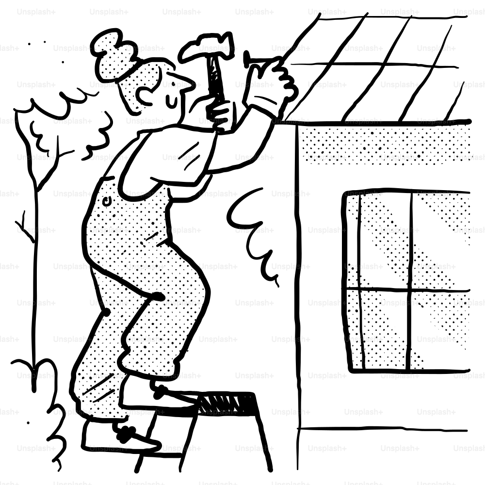 A drawing of a man climbing up a ladder