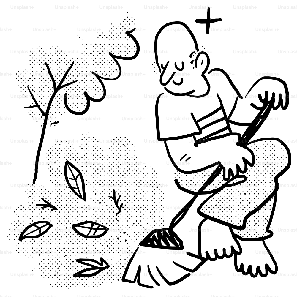 A black and white drawing of a man using a cell phone