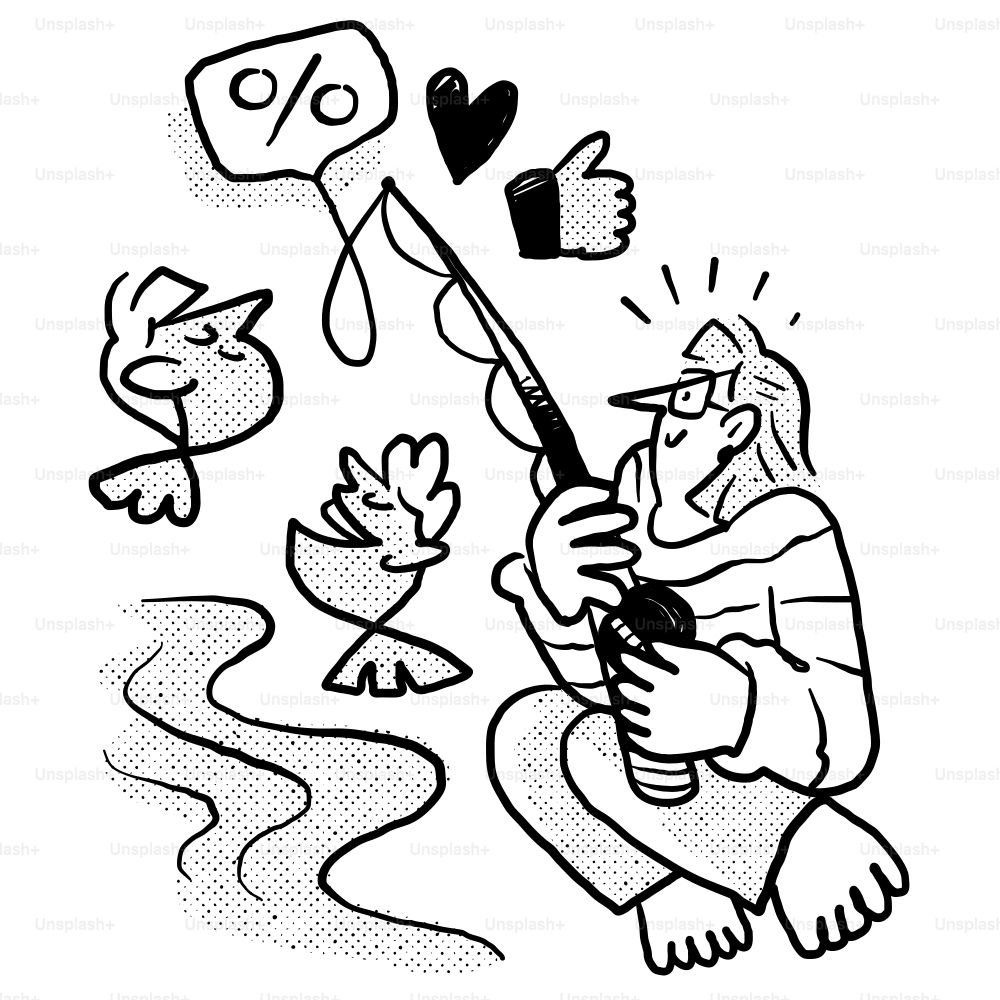 A black and white drawing of a man fishing