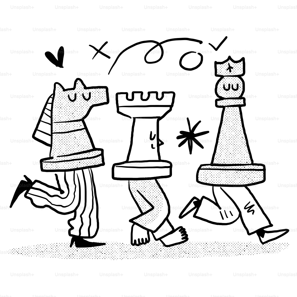 A black and white drawing of three people walking