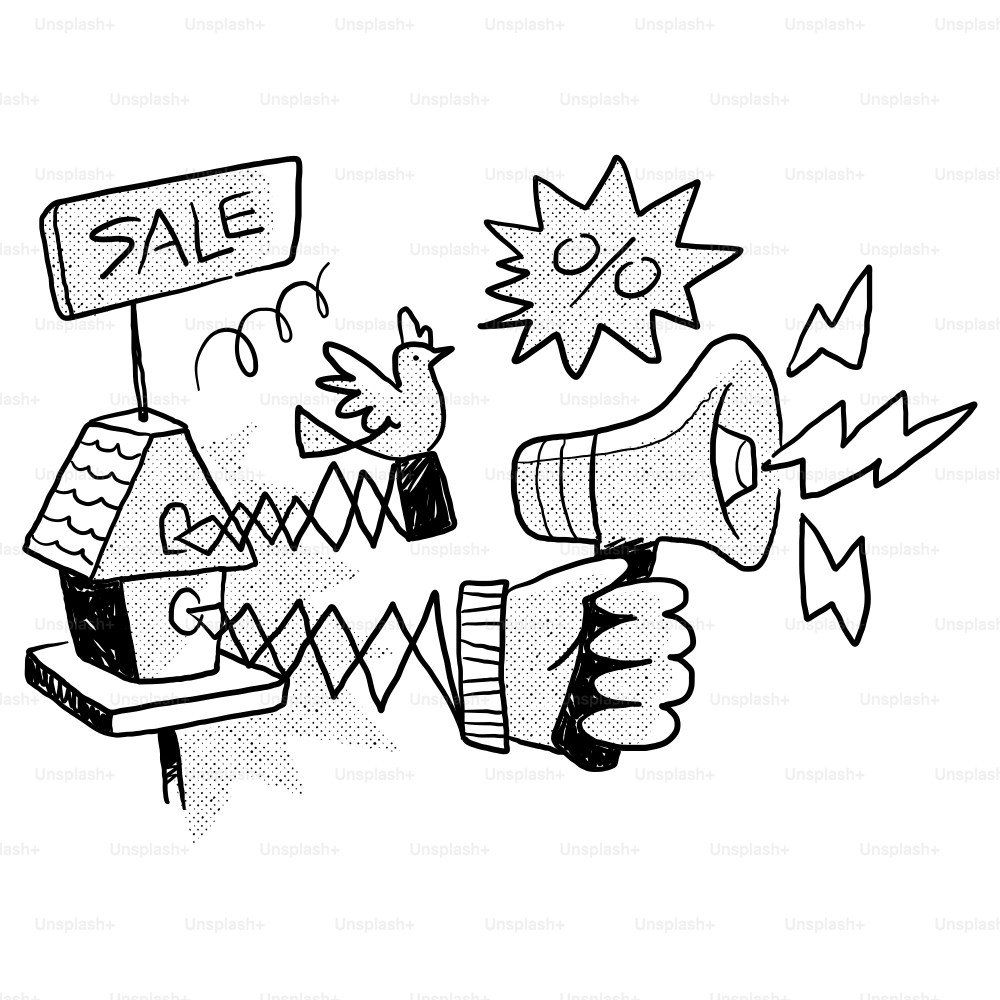 A hand holding a megaphone with a sale sign above it