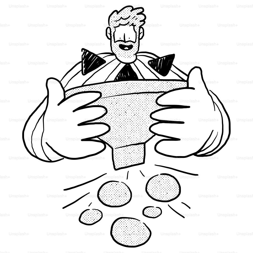 A black and white drawing of a man reading a book