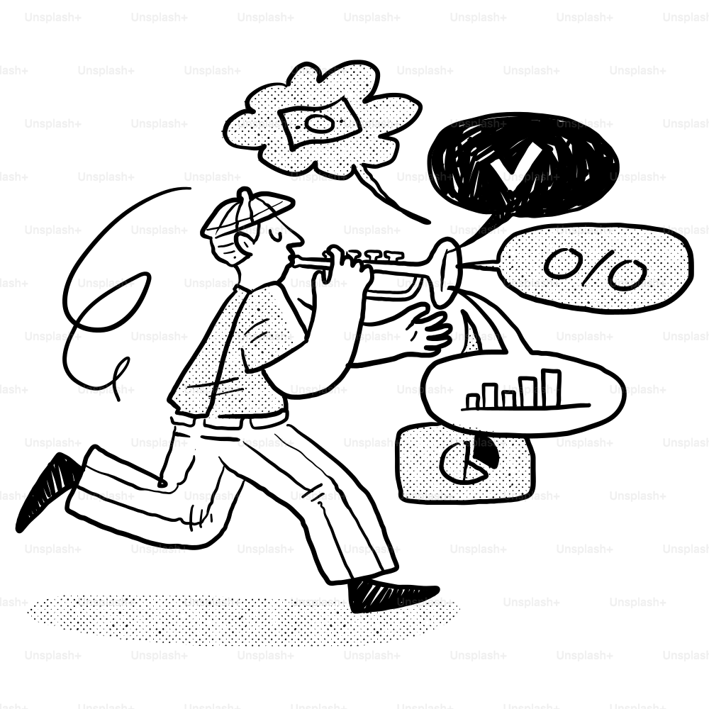 A drawing of a man running with a speech bubble above his head