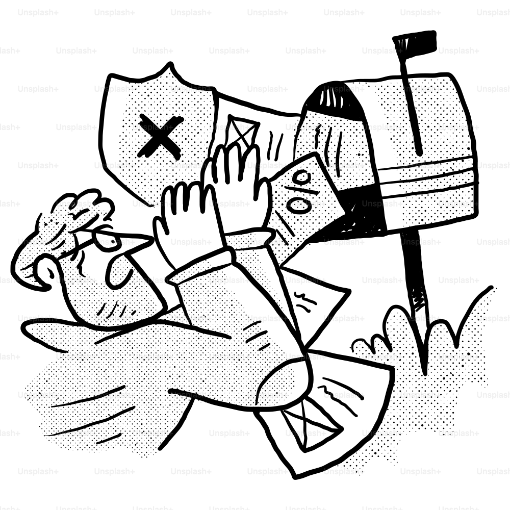 A black and white drawing of a person putting money into a mailbox