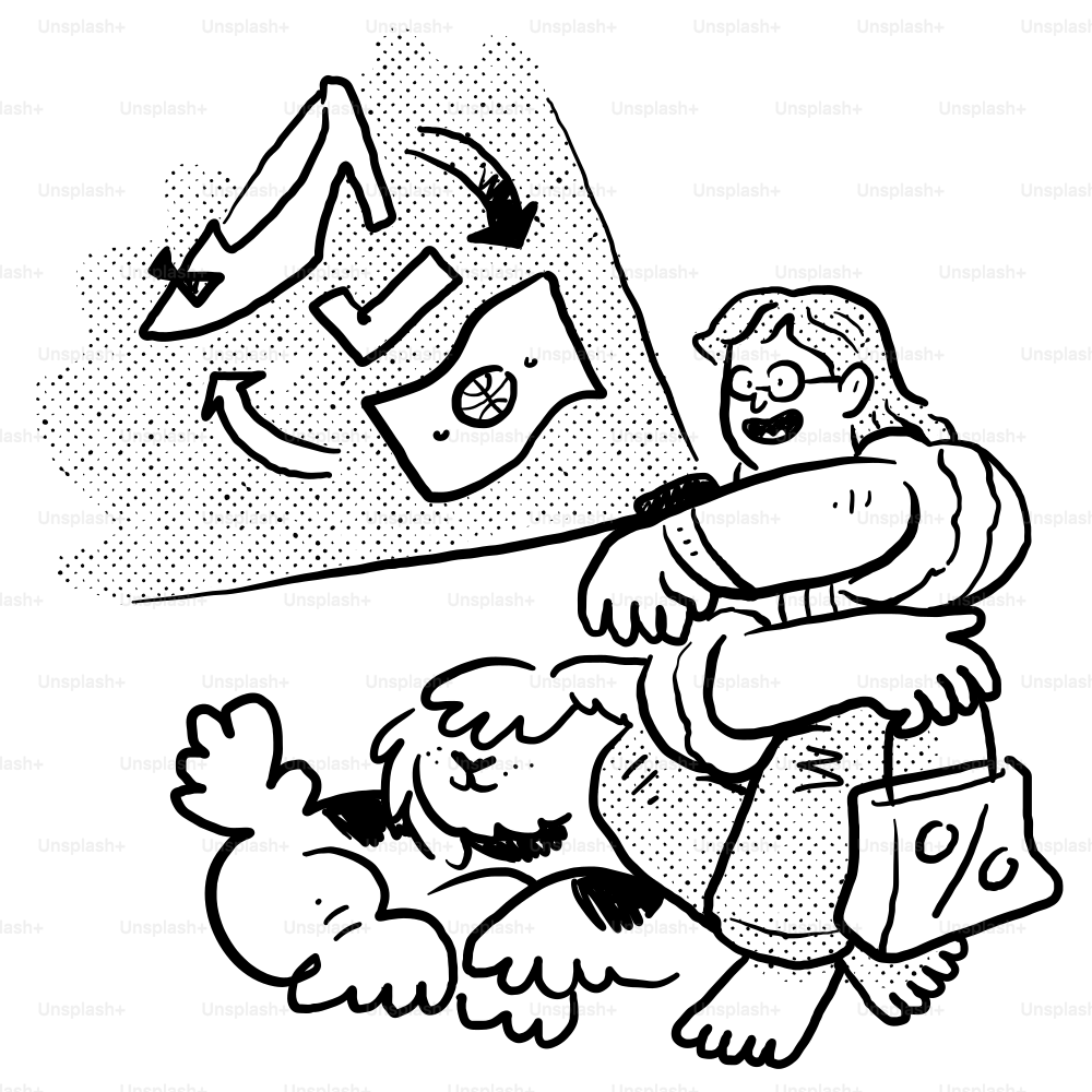 Eine schwarz-weiße Zeichnung einer Person, die auf dem Boden sitzt