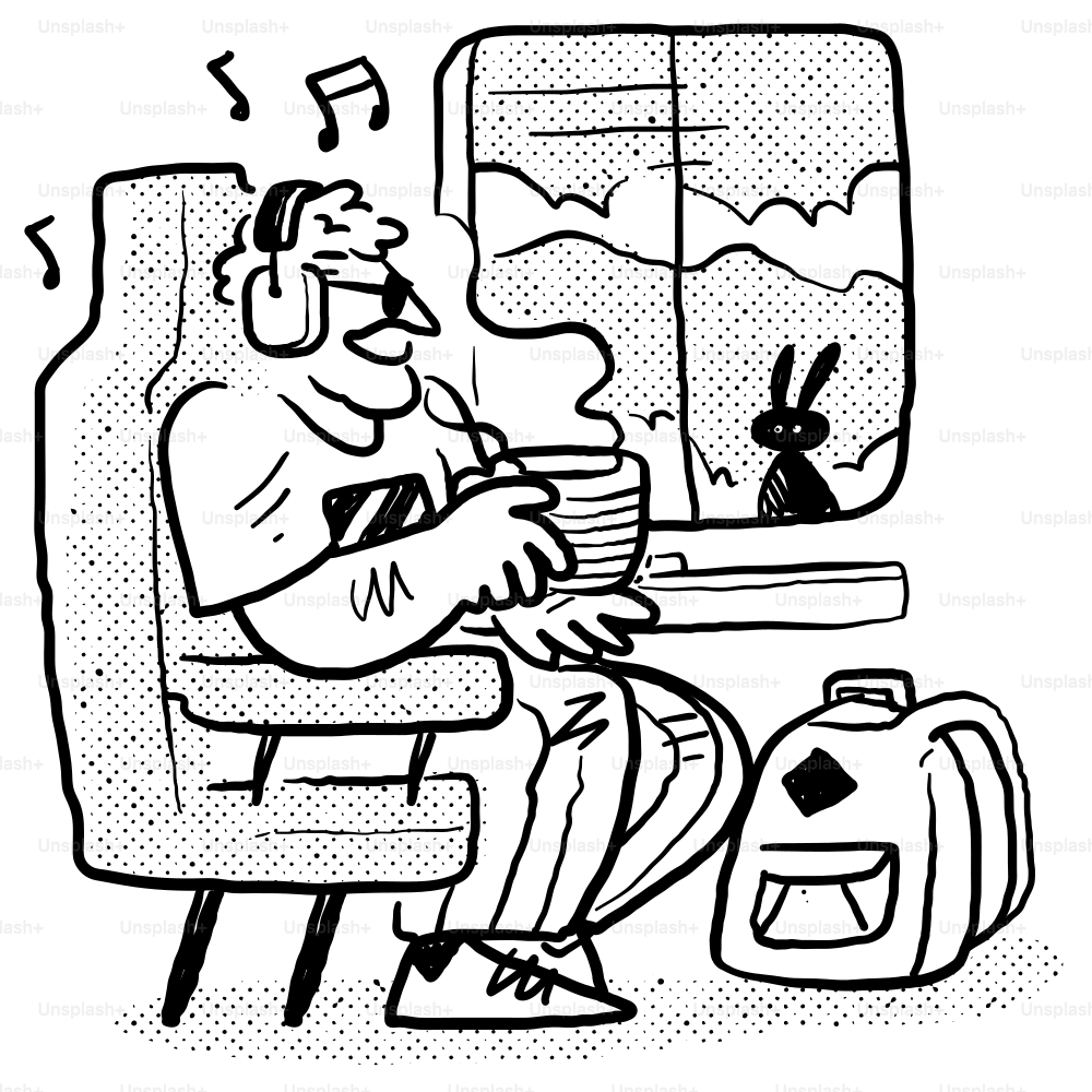 A black and white cartoon of a man sitting in a chair