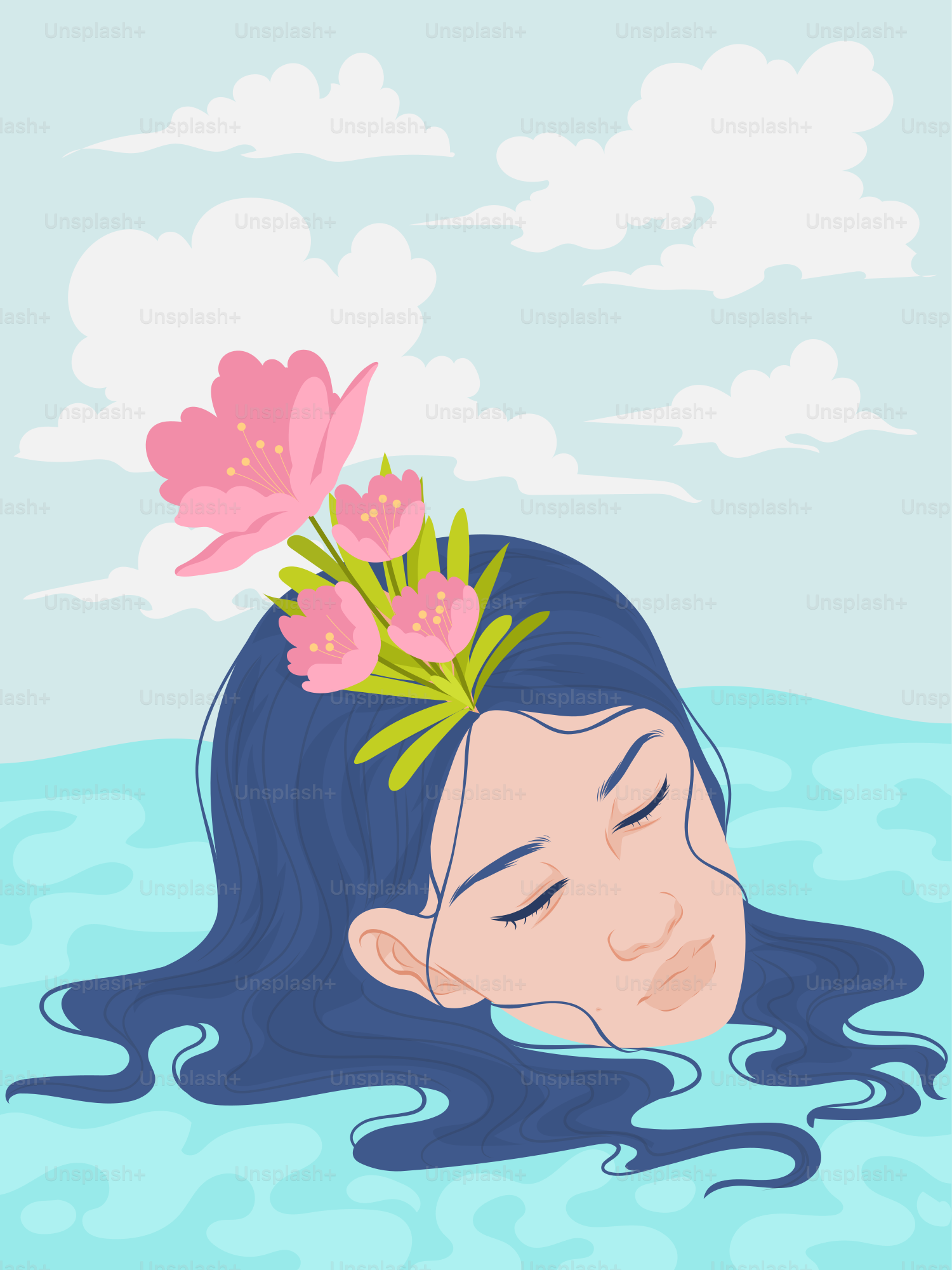 Eine Frau, die mit einer Blume im Haar im Wasser treibt