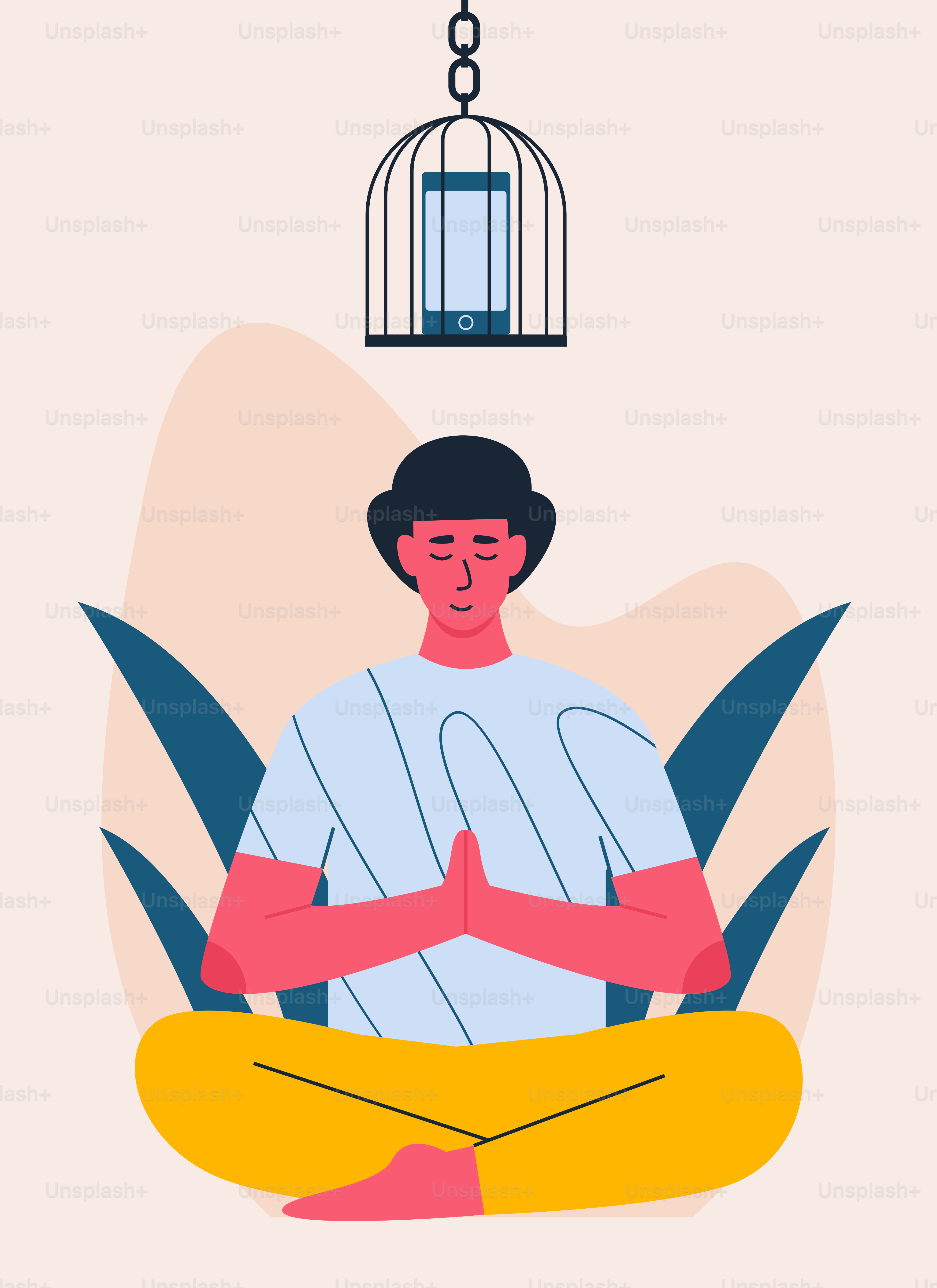 A person sitting in a lotus position with a birdcage hanging from the ceiling